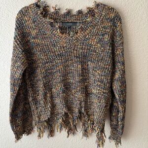 Urban Outfitters - Leani - Colorful V-Neck Frayed Sweater